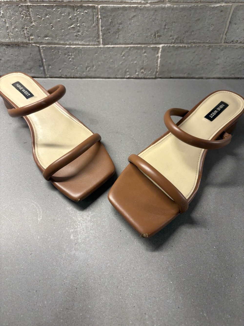 Nine West Tan Brown Double-Strap Square-Toe Slide Sandals